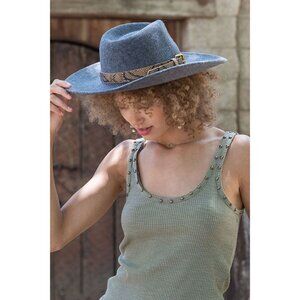 POL Womens Charcoal Gray Felted Wool Snakeskin Boho Wide Brim Witchy Fedora‎ Hat